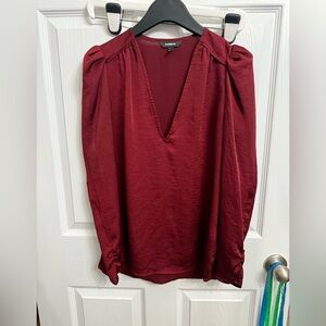 Express Blouse Womens Sz Small Burgundy Red Puff Shoulder Long Sleeve Top Satin